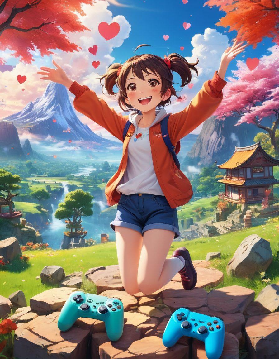 A colorful scene showcasing a joyful anime character surrounded by gaming elements like controllers, vibrant landscapes, and floating hearts, capturing the essence of happiness in anime gaming. The character should be in a dynamic pose, exuding excitement, with a friendly smile. Include a mystical background with enchanting scenery and playful creatures. bright and cheerful style. vibrant colors. 3D.