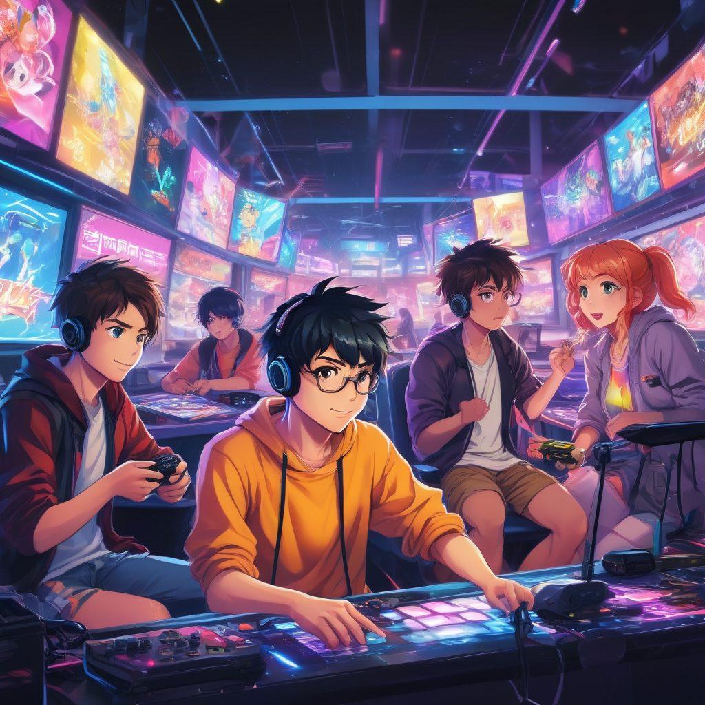 A lively and colorful scene depicting a diverse group of anime gamers passionately engaging with their favorite games. Include elements of iconic anime characters, gaming consoles, and a backdrop of bright neon lights. Capture the essence of community and joy with animated expressions and dynamic poses. Burst with energy and creativity, evoking a sense of excitement. vibrant colors. vector art.