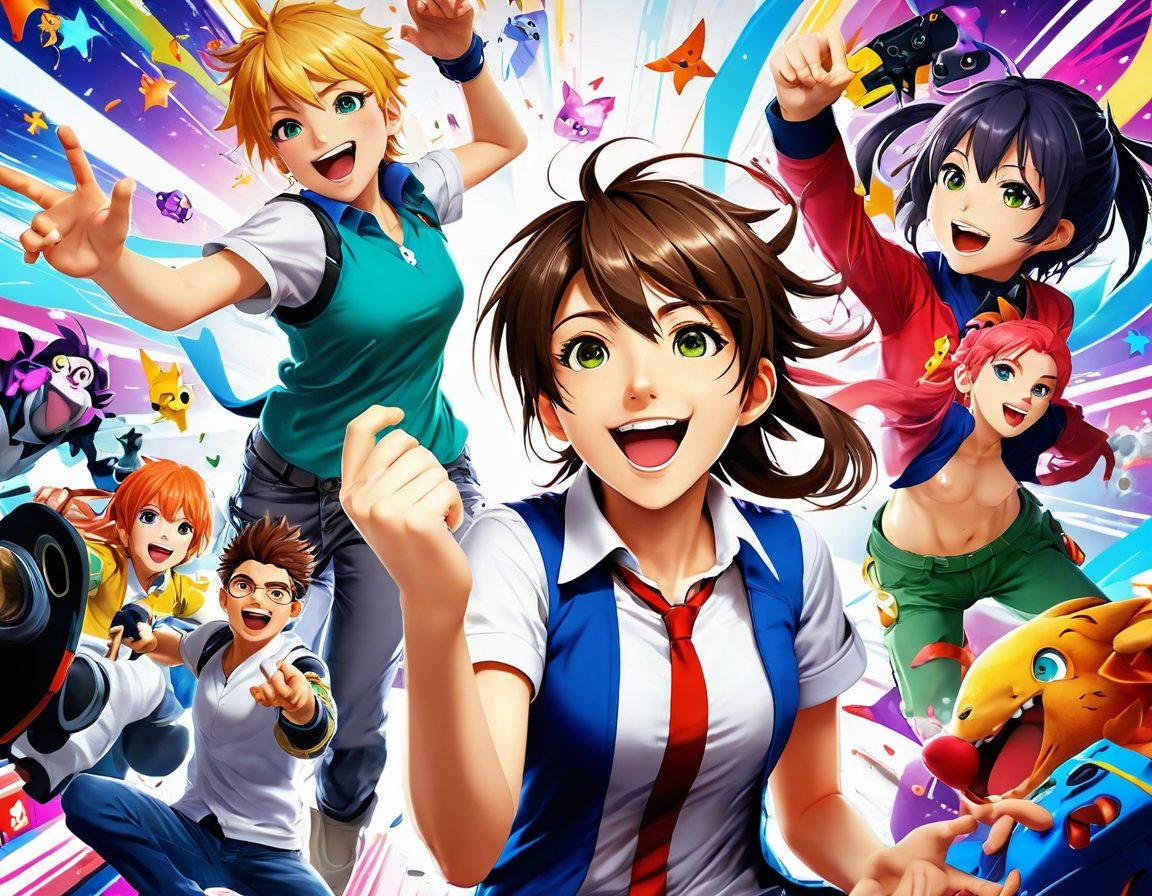 A joyful gamer surrounded by vibrant anime game characters, each radiating happiness and excitement, with colorful game graphics swirling around them. The background features a dynamic gaming environment filled with whimsical elements that reflect the joy of gaming. Include playful expressions and exaggerated poses of the characters to enhance the feeling of elevation. super-realistic. vibrant colors. white background.